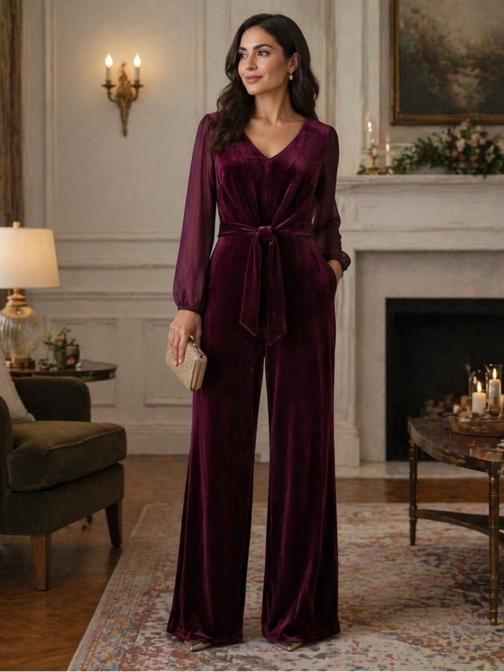 CeCe Burgundy Velvet Tie-Waist V-Neck Jumpsuit with Sheer Sleeves